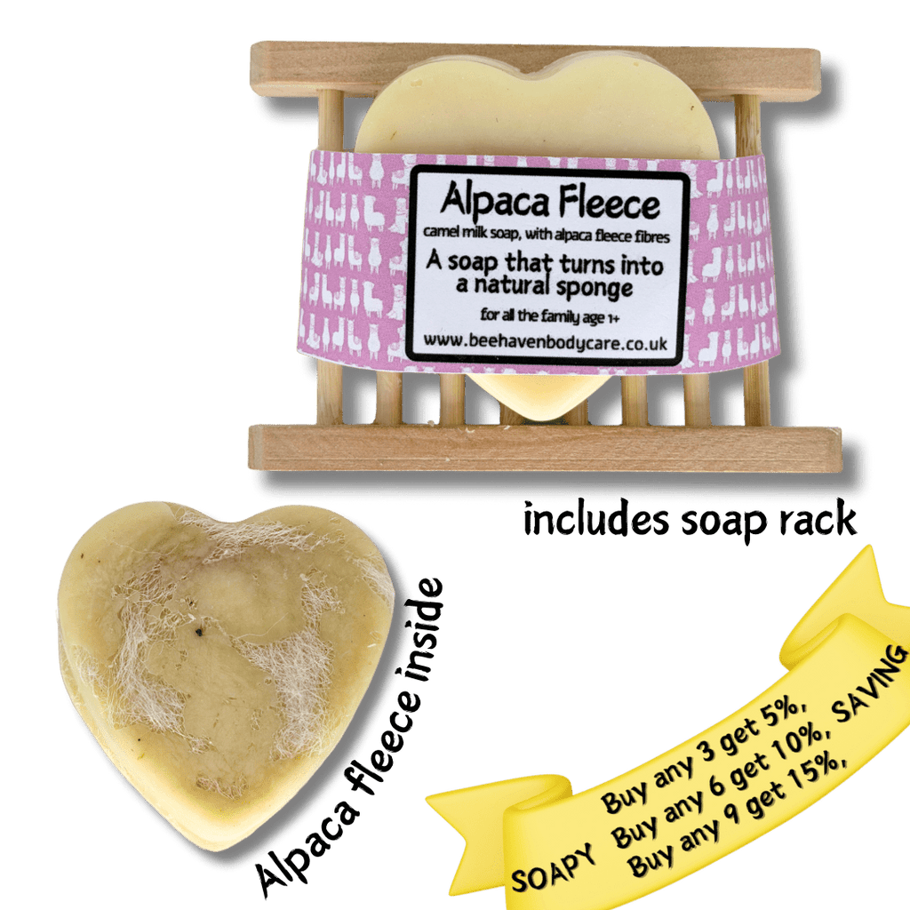 Alpaca Fleece Soap Hearts with Camel Milk, incl Soap Rack (+1year old) - Bee Haven Bodycare & Gifts