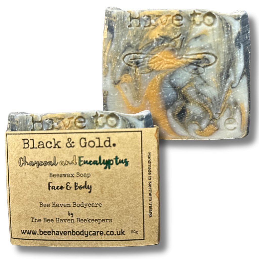 Charcoal & Eucalyptus Beeswax Soap - Black & Gold (Face and Body) - Bee Haven Bodycare & Gifts
