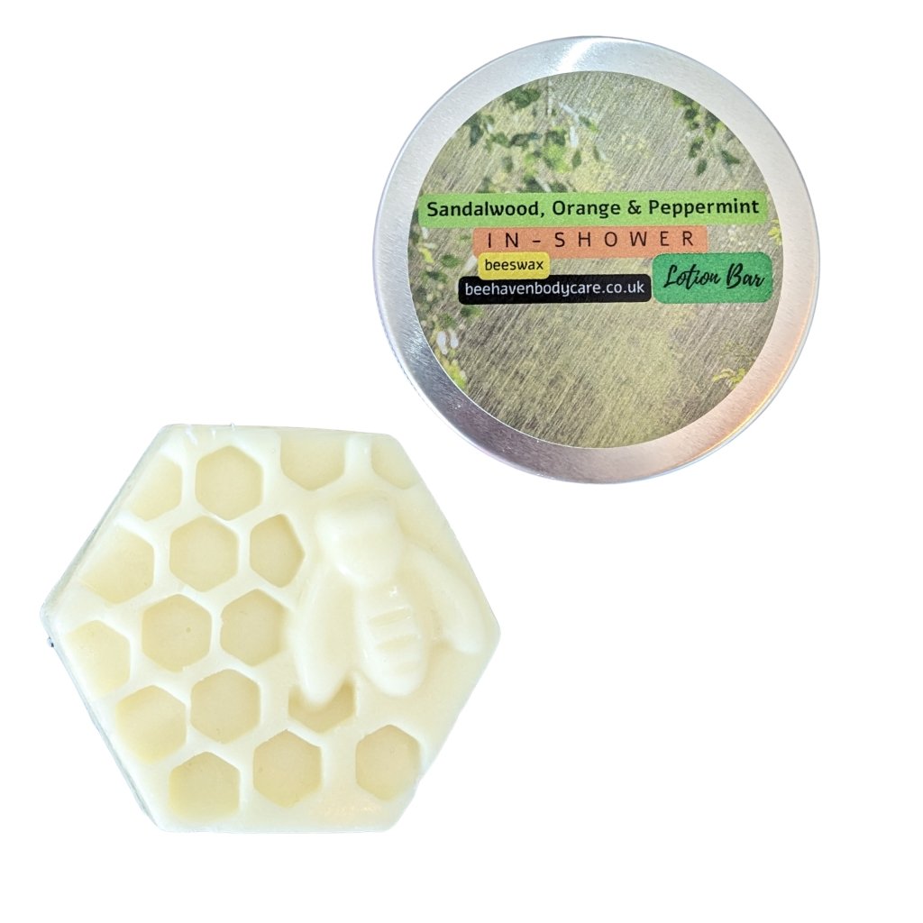 In-Shower Beeswax Body Lotion Bar - Melts to lotion on wet skin (Sandalwood Orange & Peppermint) - Bee Haven Bodycare & Gifts
