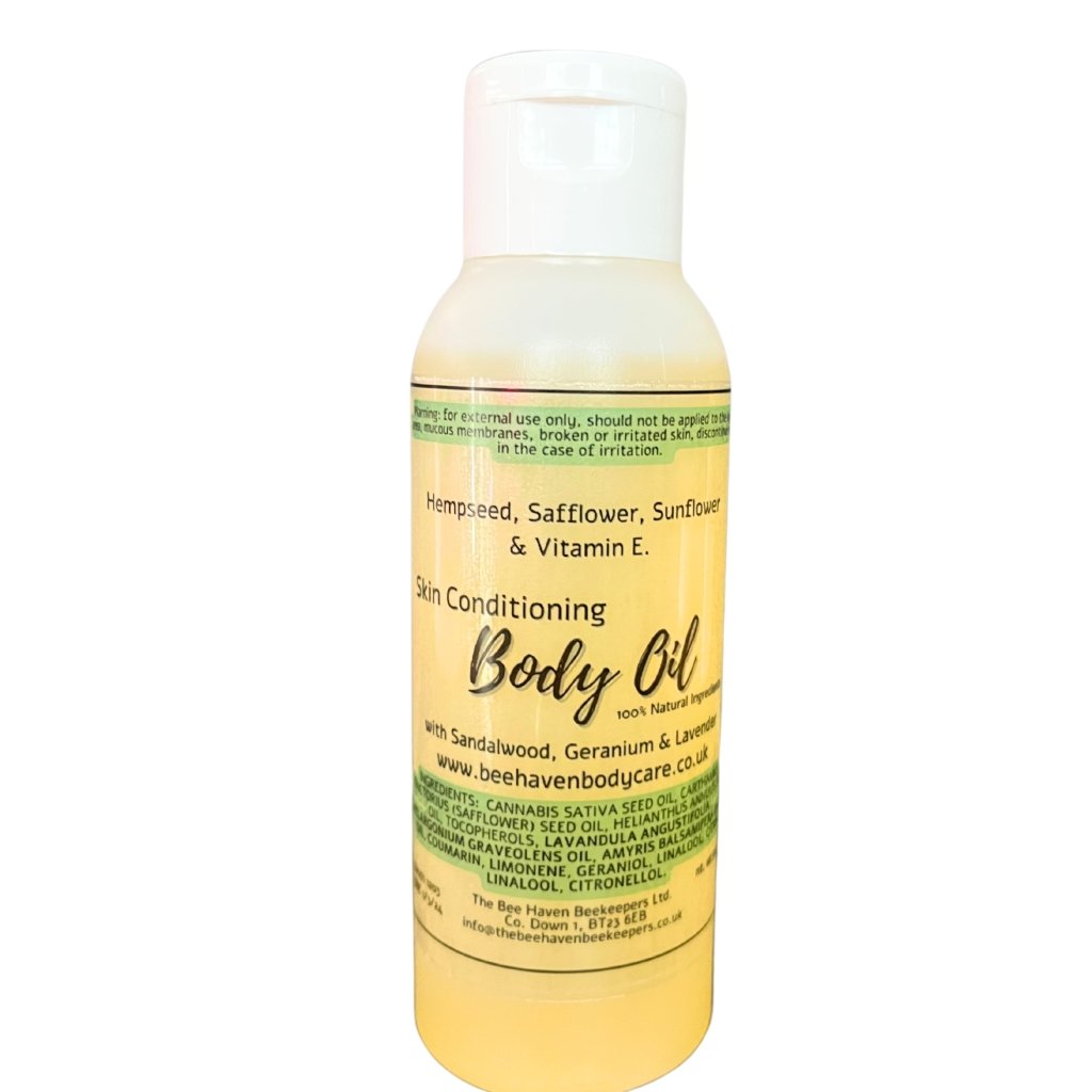 Natural Body Oil - Skin Conditioning Sandalwood, Geranium & Lavender Blend - Bee Haven Bodycare & Gifts