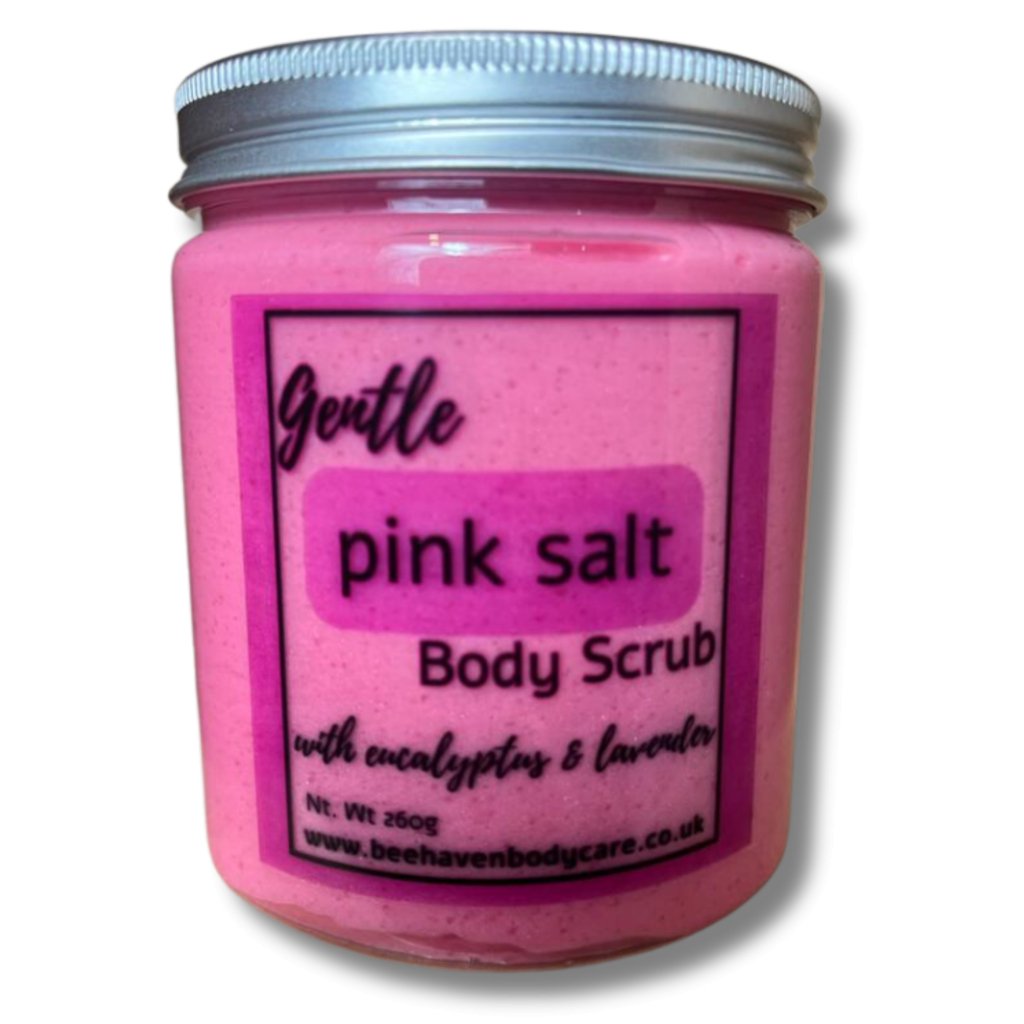 (NEW LOOK) Pink Body Scrub - Himalayan & Epsom Salts, Eucalyptus & Lavender Essential Oil - Bee Haven Bodycare & Gifts