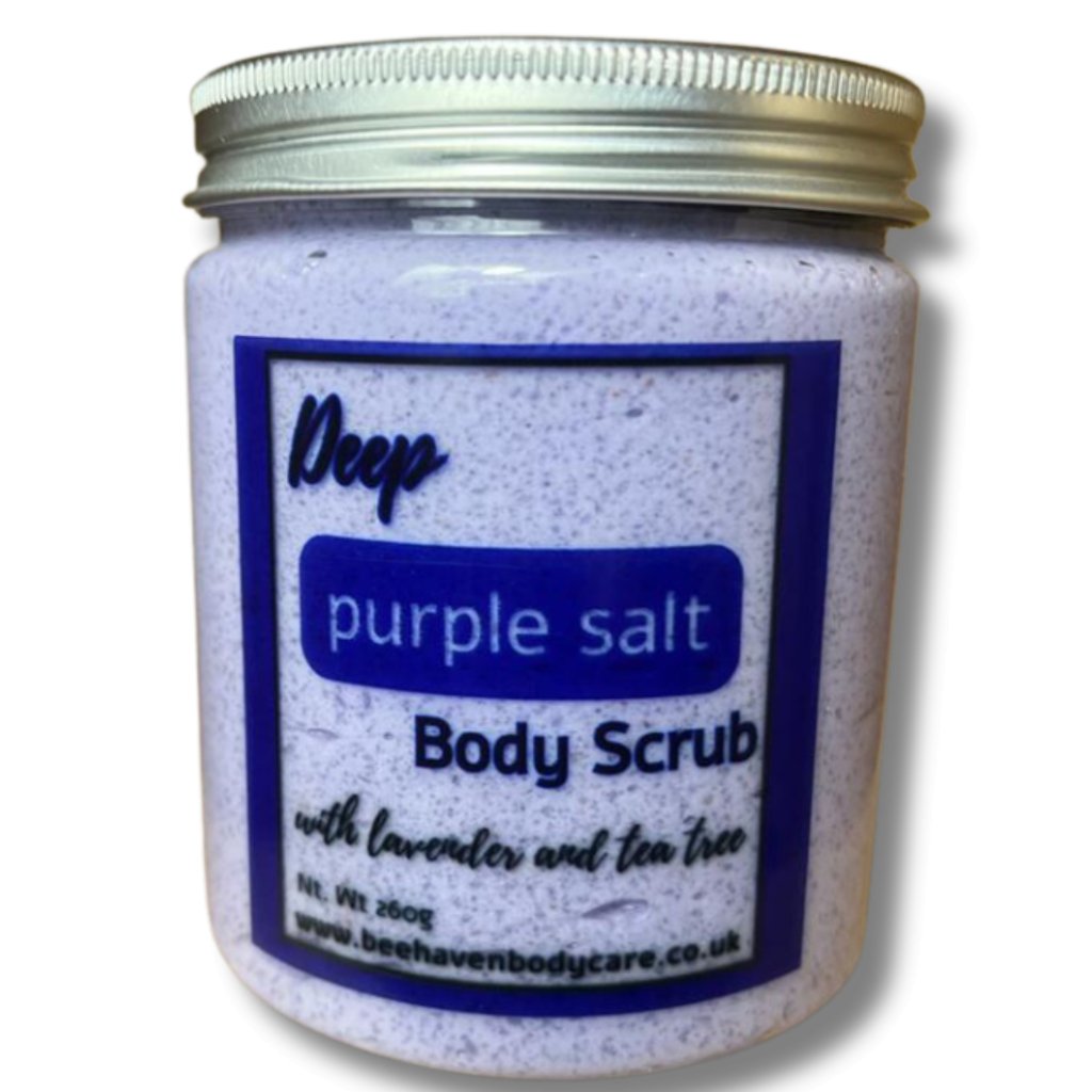 (NEW LOOK) Purple Deep Body Scrub - Himalayan & Epsom Salts, Tea Tree & Lavender Essential Oil - Bee Haven Bodycare & Gifts